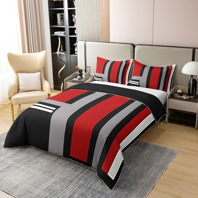 Erosebridal Red Grey Black Bedding Set King Abstract Geometric 100% Cotton Duvet Cover Minimalist Striped Comforter Cover for Kids Teens Adults Aesthetics Art Modern Bed Set 3 Pcs