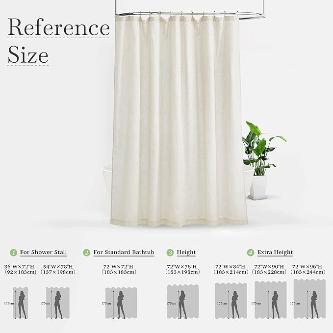 KGORGE Natural Linen Shower Curtain for Bathroom - Linen Blend Button Hole Semi Sheer Lightweight Waterproof Shower Curtains for Bathtub, 72 x 90 inches Long, Hooks Included