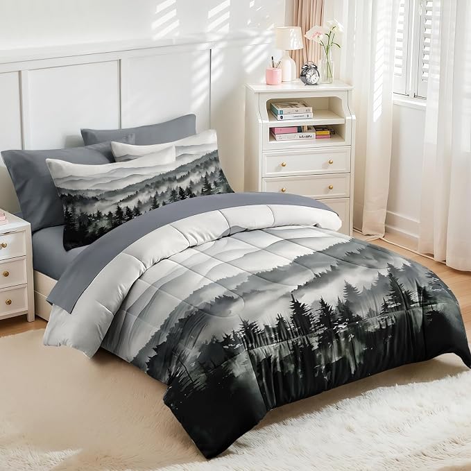 Nesker Comforter Set Twin Size, Ink Forest 5 Pcs Bedding for Kids and Adults, Misty Mountains Bed Sheet Sets with Fitted Sheet Pillowcase & Sham