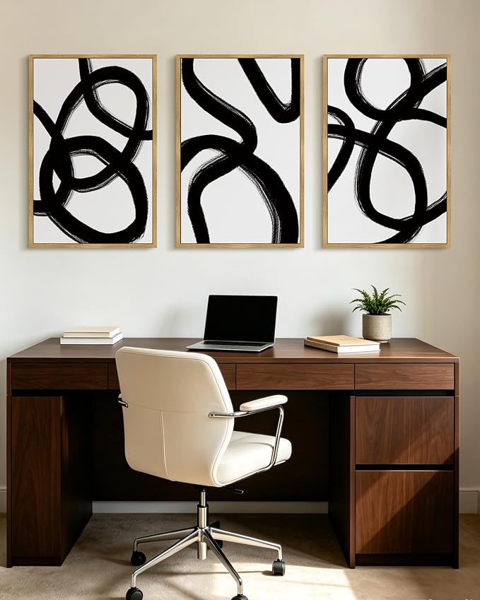 KUVIOKE Black and White Abstract Framed Wall Art Ink Wash Minimalist Lines Painting Artwork for Bedroom Hallway 24x36in (Natural Framed)