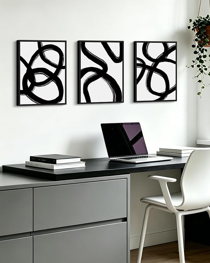 KUVIOKE Black and Gray Abstract Framed Wall Art Ink Wash Minimalist Lines Painting Artwork for Bedroom Hallway 12x16in (Black Framed)