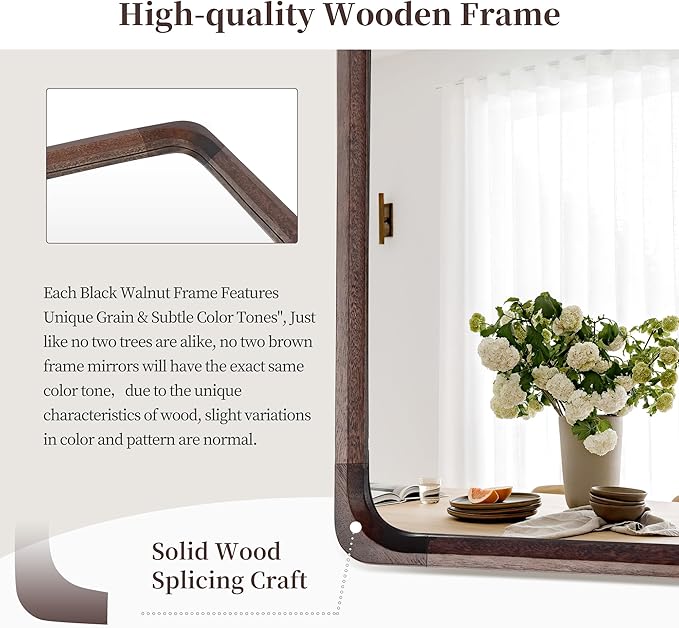 Tanmicoshomy Wood Bathroom Mirror 24 x 36 Inch, Solid Wood Framed Rectangle Mirrors with Tempered Glass for Living Room Bedroom Office or Entryway(Dark Brown)