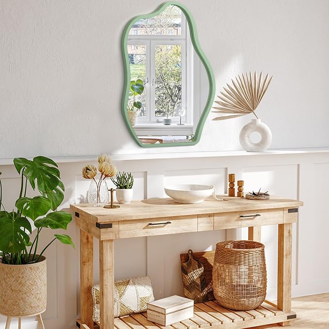 Asymmetrical Large Mirror Irregular Modern Mirror for Wall Decor Wooden Framed Hanging Wall Mirror Unique Shape Vanity Cloud Mirrors Decorative for Bedroom Bathroom Living Room Entryway
