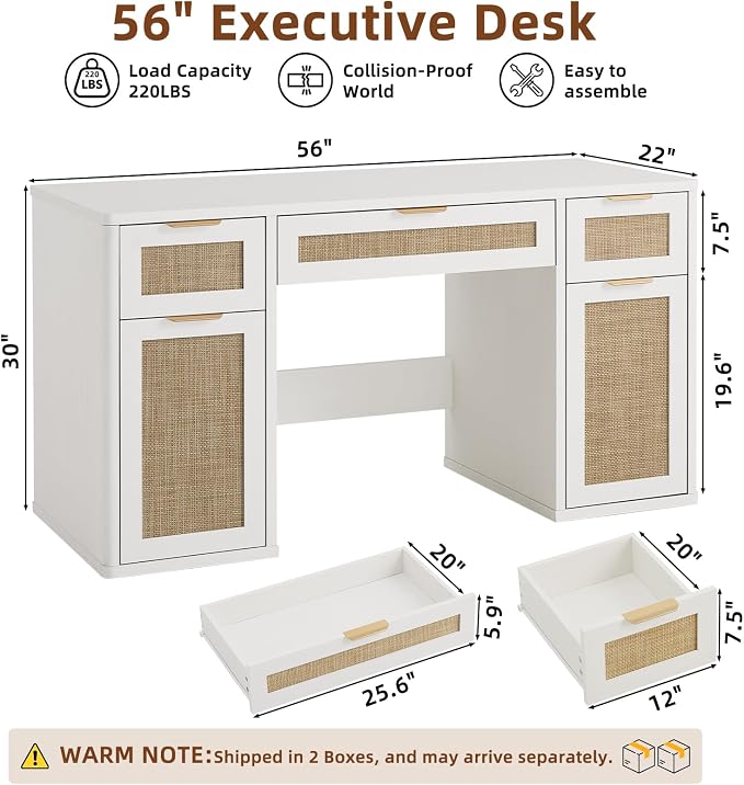 LEYAOYAO Office Desk 56" with 5 Drawers Storage File Cabinet Rattan Wood Desk for Computer Office Bedroom Home Furniture White