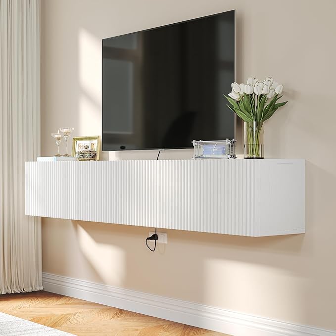 Slatted Floating TV Stand with 3 Doors,63IN Wall Mounted TV Cabinet,Floating Media Console Entertainment Center with Storage,Under TV Shelf for Bedroom Living Room,White
