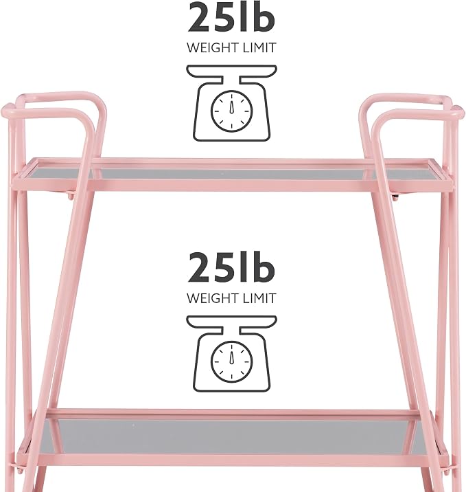 Gina Pink Mid-Century Bar Cart with Mirrored Shelves and Locking Wheels by Linon