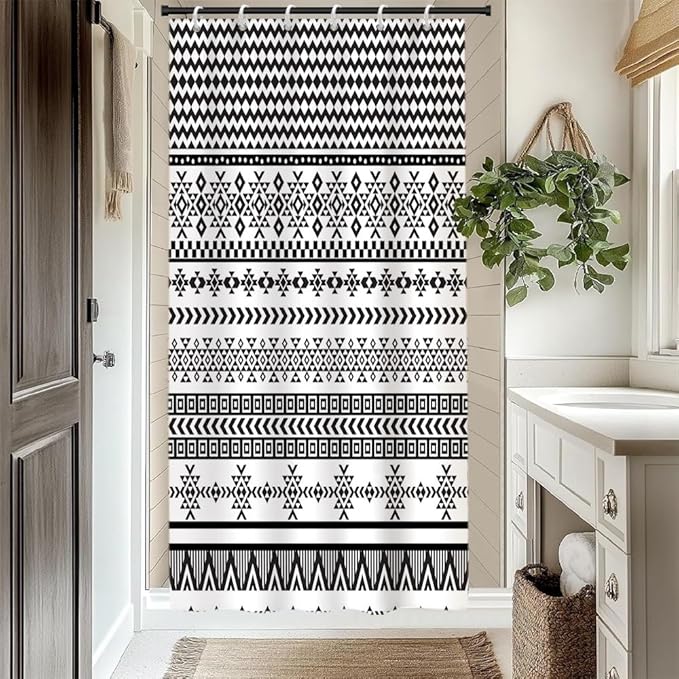 Bohemian Ethnic Shower Curtain for Bathroom Black and White Geometric Pattern Shower Curtains Modern Abstract Minimalist Bathroom Decor Set Washable Waterproof Polyester Fabric with Hooks 48x72 Inch