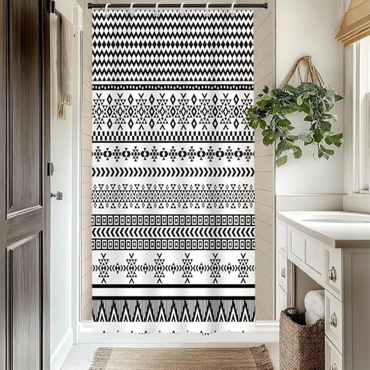 Bohemian Ethnic Shower Curtain for Bathroom Black and White Geometric Pattern Shower Curtains Modern Abstract Minimalist Bathroom Decor Set Washable Waterproof Polyester Fabric with Hooks 48x72 Inch
