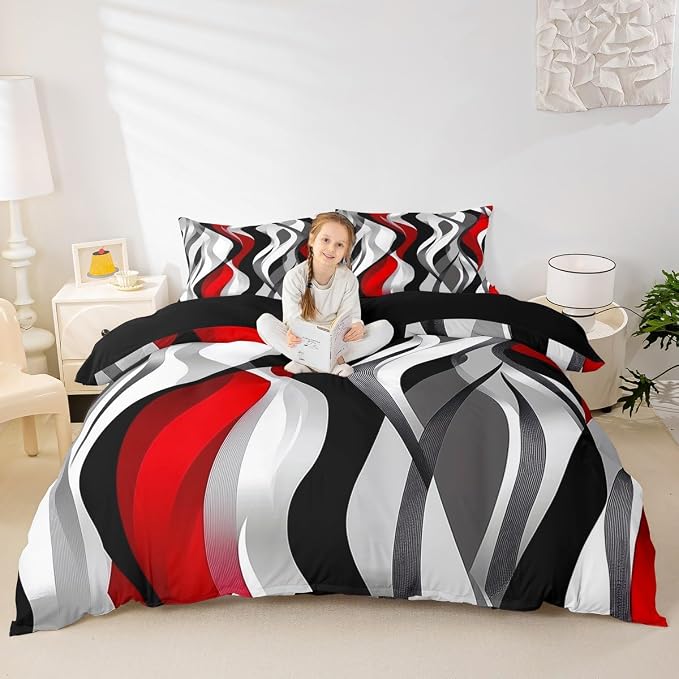 Red Black Stripes Duvet Cover Set Full Size,Abstract Geometric Wave Striped Bedding Set,Boys Girls Room Decor,Contemporary Minimalist Comforter Cover,Simple Quilt Cover,2 Pillowcases(No Filler)