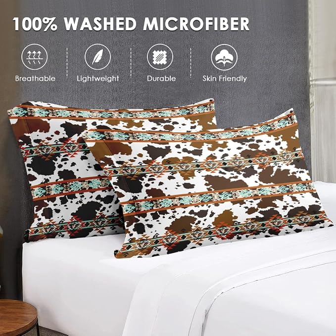 WeCozy 7 Pcs Queen Size Comforter Set with 2 Pillowcases & 2 Shams, Cow Print Brown Cowhide Bedding for Kids and Adults, Vintage Retro Bed in a Bag with Flat Fitted Sheet