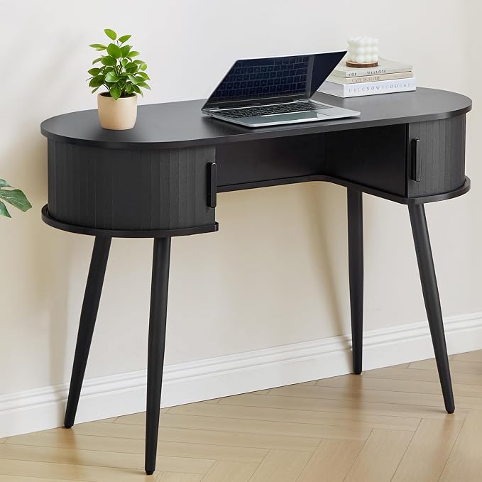 43" Mid-Century Writing Desk with Storage, Mid-Century Modern Home Office Wood Writing Desk for Bedroom, Small Table Compact Workstation for Living Room, Study (Black)