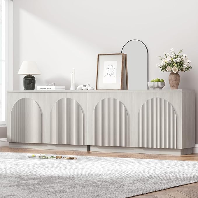 Yechen Accent Fluted Sideboard Buffet Cabinet with Arched Reeded Design Doors, Mid Century Modern Credenza Storage Cabinet with Adjustable Shelves, for Living Room Dinning, White Oak(2PCS)
