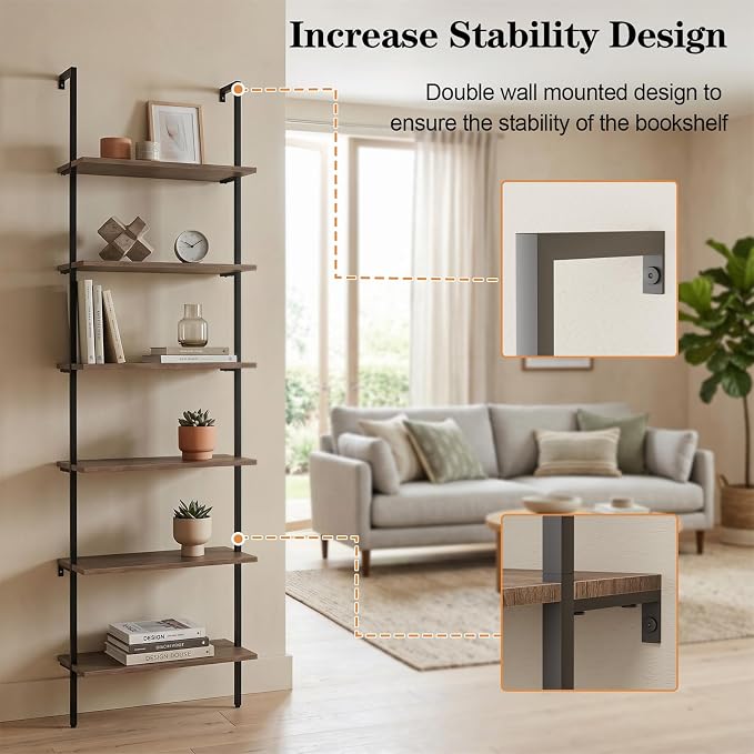 Wolawu Ladder Shelf Black 6 Tiers Modern Bookshelf Room Organizer Open Tall Wall Mount Bookcase Standing Leaning Wall Shelves Industrial Decorative Living Room Bed Room (Brown)