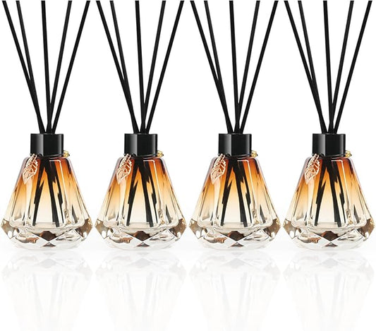 Reed Diffuser Set - 4 Empty Bottles with 20 Sticks, Delicate Gold Leaf Decor, Glass Fragrance Diffuser with Lids for Home, Bathroom | Refillable, Diamond Style (4 PCS Black)