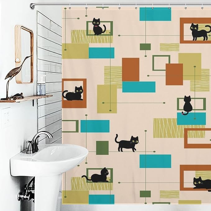 Mid Century Black Cat Shower Curtain,Vintage Abstract 60s Geometric Pattern Modern Decor Bathroom Curtain Polyester Waterproof Fabric 72x72in（183x183cm）