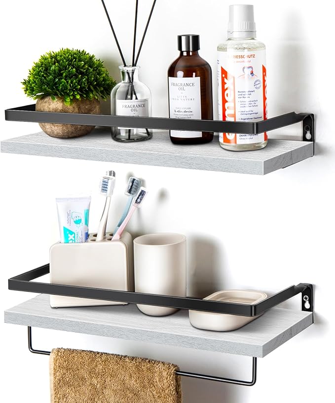 Floating Shelves for Wall, Bathroom Shelves with Towel Bar, Wall Mounted Storage Shelves for Kitchen, Bathroom, Set of 2 White