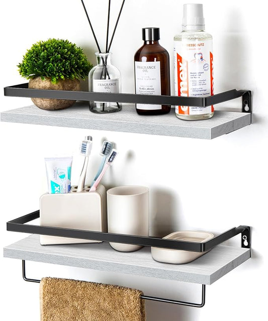 Floating Shelves for Wall, Bathroom Shelves with Towel Bar, Wall Mounted Storage Shelves for Kitchen, Bathroom, Set of 2 White