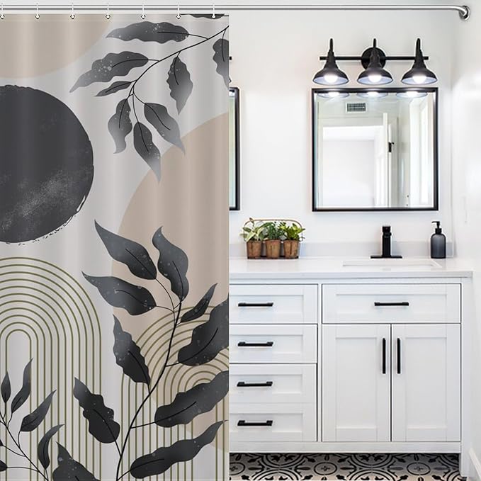 Mid Century Leaf Shower Curtains,Boho Grey Tropical Plant Palm Leaves Abstract Minimalist Geometic Modern Bathroom Curtain Waterproof Fabric Machine Washable with Hooks,72x78Inch