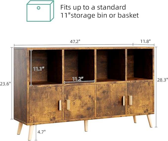 8-Cube Storage Organizer with Doors & 5 Solid Wood Legs, Mid-Century Modern Bookshelf with Seamless Top, Horizontal Cubby Toy Storage for Kids, Sideboard Media Console fits 11" Bins, Rustic Brown