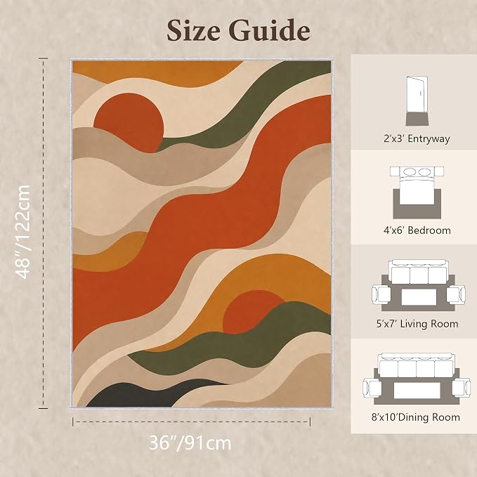Burnt Orange Abstract Area Rug 3x4, Mid Century Modern Wave Rug, Retro Wavy Geometric Washable Low Pile Non Slip Rug for Living Room Bedroom