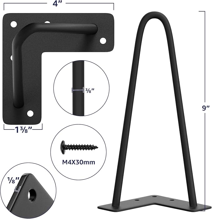 SMARTSTANDARD 9 Inch Heavy Duty Hairpin Furniture Legs, Metal Home DIY Projects for TV Stand, Sofa, Dresser with Rubber Floor Protectors Black 4PCS