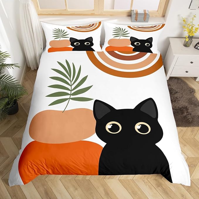 Erosebridal Funny Cat Duvet Cover Full Boho Mid Century Bedding Set Modern Minimalism Animals Comforter Cover for Kids Girls Boys Adults Abstract Geometric Bed Set