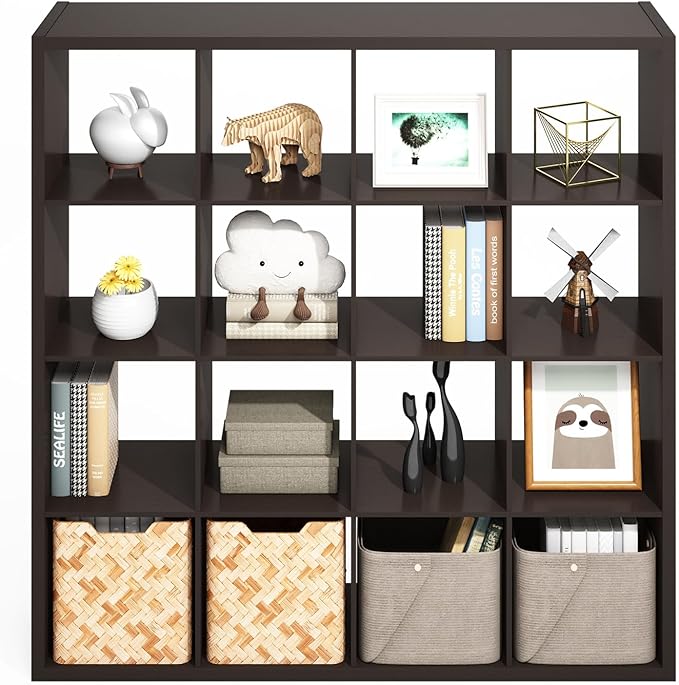 Furinno Simple Cube Storage Organizer, 16-Cube Display Shelf, Open Back Shelving Unit, Storage Shelves, Extra Thick Frame, for Organization and Storage, Living Room, Home Office, Black Dark Oak