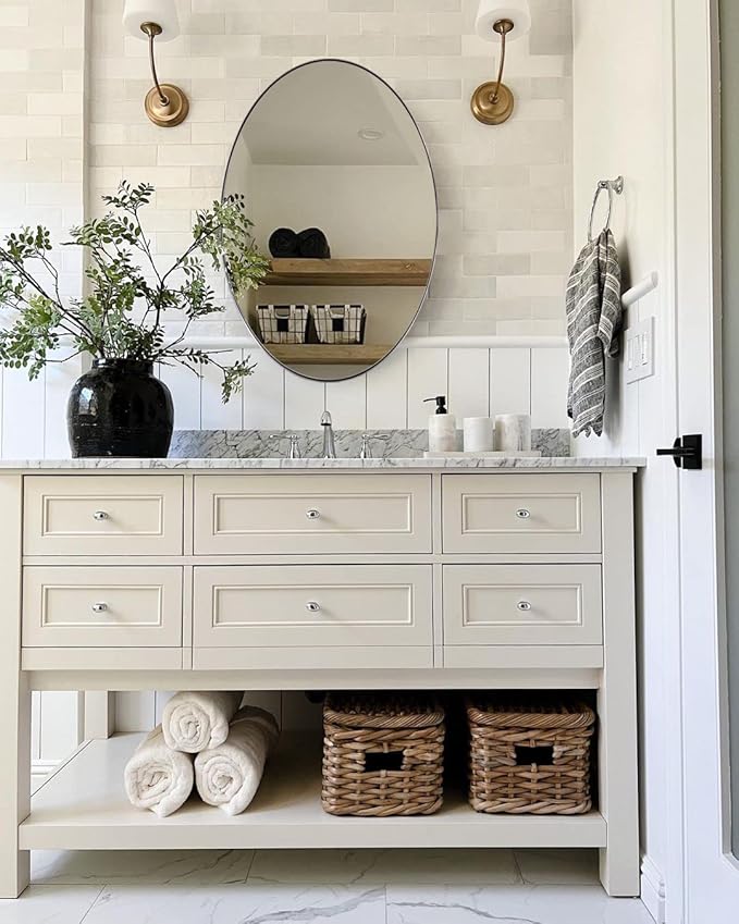 ANDY STAR Brushed Nickel Mirror Bathroom, 24x32 Inch Brushed Nickel Oval Mirror, Stainless Steel Metal Frame Oval Vanity Mirrors Hangs Horizontal or Vertical, Modern Style for Home