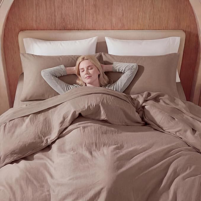 100% Washed Cotton Duvet Cover Twin Size – Taupe, Linen-Like Texture, Super Soft & Breathable Bedding Set, 3-Piece Durable Percale Comforter Cover