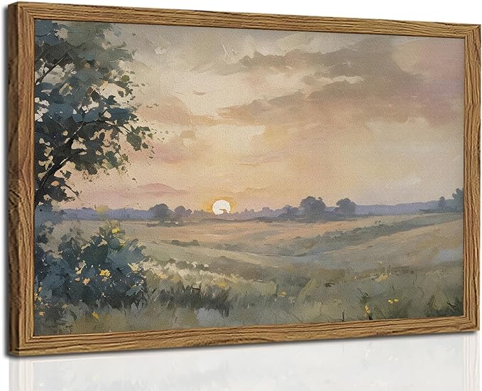 Vintage Sunset Wall Art Rustic Cottagecore Landscape Wall Decor Fall Country Nature Painting Artwork 3D Textured Sandstone for Living Room Bedroom 16x24 Inch Wood Framed