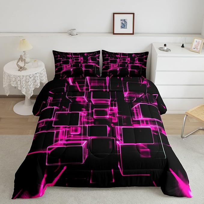 Erosebridal Girly Pink and Black Kids Comforter Set, Modern Abstract Geometric Square Bedding Sets for Boys Girls Gradient Neon Light Honeycomb Duvet Insert Twin with 1 Pillowcase