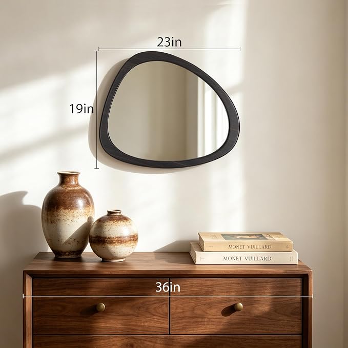 HOMECOOKIN 19" H x 23" Asymmetrical Mirror, Irregular Wooden Wall Mirror for Bedroom, Living Room,Entryway– Mid-Century Modern Decorative Mirror, Solid Wood Frame, Pebble Shaped Design (Dark Brown)