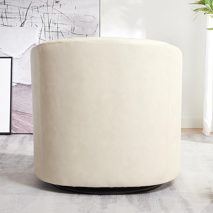 KINWELL 29" Wide Tufted Faux Leather Swivel Barrel Chair, PU Leather Modern Upholstered Accent Chairs with Nailhead Trim, Small Armchair for Living Room Bedroom, Cream