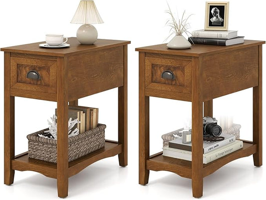 Giantex End Table with Drawer, Retro Narrow Side Table, Nightstand with Solid Wood & Storage Shelf, Bedside Table for Living Room Bedroom Small Space Home Office (2, Tawny)