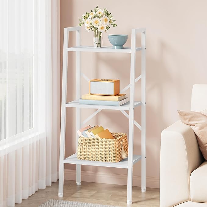 Hoctieon 3-Tier Industrial Ladder Bookshelf, Narrow Ladder Shelf, Tall Standing Bookshelf, Skinny Open Ladder Shelf, for Living Room, Home Office, Kitchen, Bedroom, Metal Frame, White