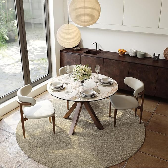 POVISON Modern Extendable Dining Table, 47" to 63" Round to Oval Sintered Stone Kitchen Table with Carbon Steel Pedestal Base for 4-6, Pandora with Bronze(Table Only
