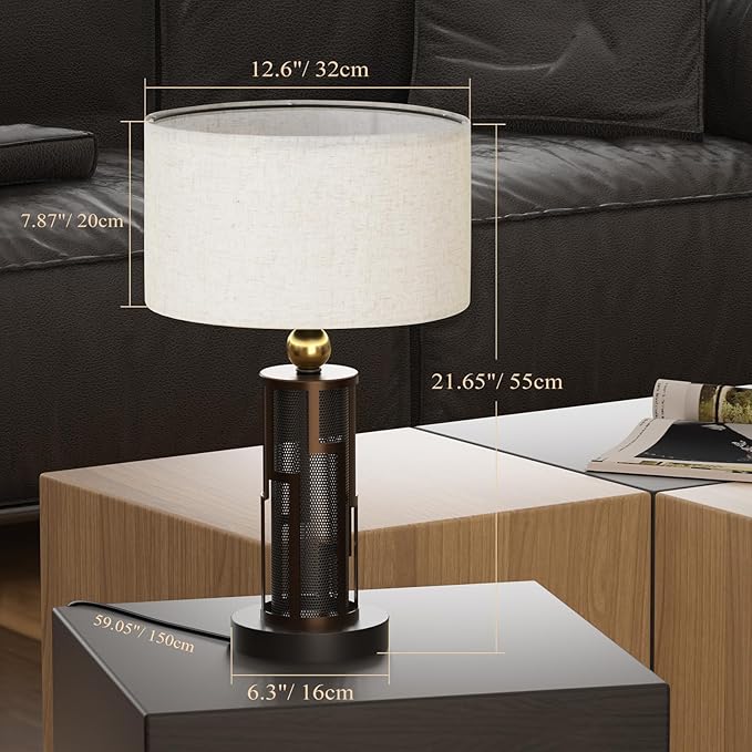 V07-2 21.65" Farmhouse Table Lamp, Rustic Bedside Nightstand Light with USB A+C Charging Ports for Nightstand Bedroom Study Living Room, 3-Way Dimmable Desk Lamp