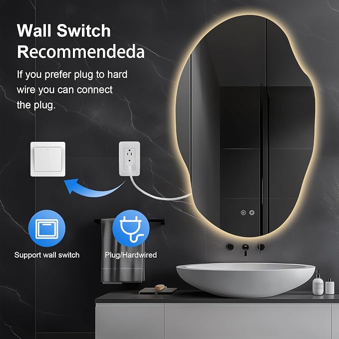 Asymmetrical Bathroom Mirror with Lights,Irregular LED Bathroom Vanity Mirror with Backlit,Anti-Fog,3 Colors and Dimmable Light with Memory,Hardwired Supported[Horizontal/Vertical] 60" H x 36" W