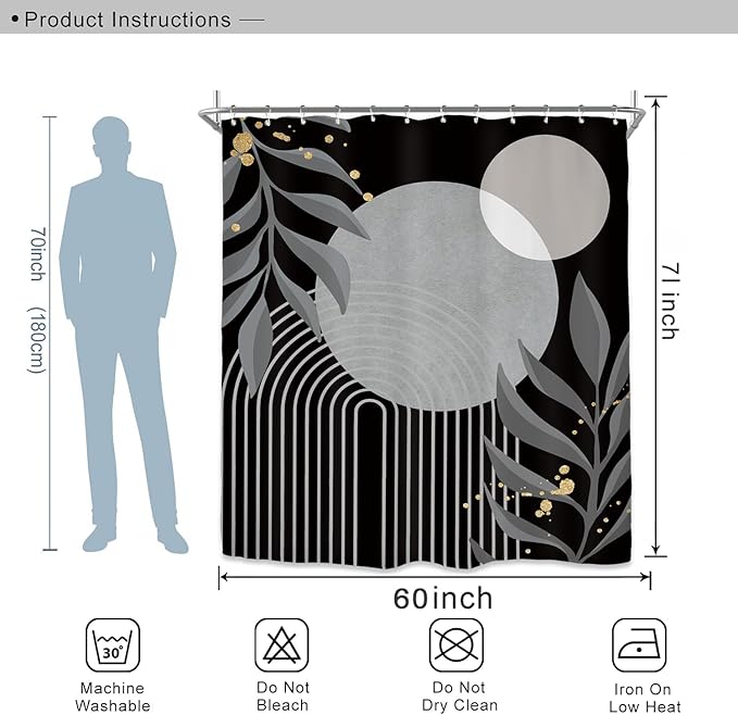 Miyotaa Abstract Black Gray Shower Curtain Set 60Wx71H Inches Modern Geometric Minimalist Aesthetic Mid Century Leaves Contemporary Neutral Waterproof Bathroom Curtain with 12 Hooks