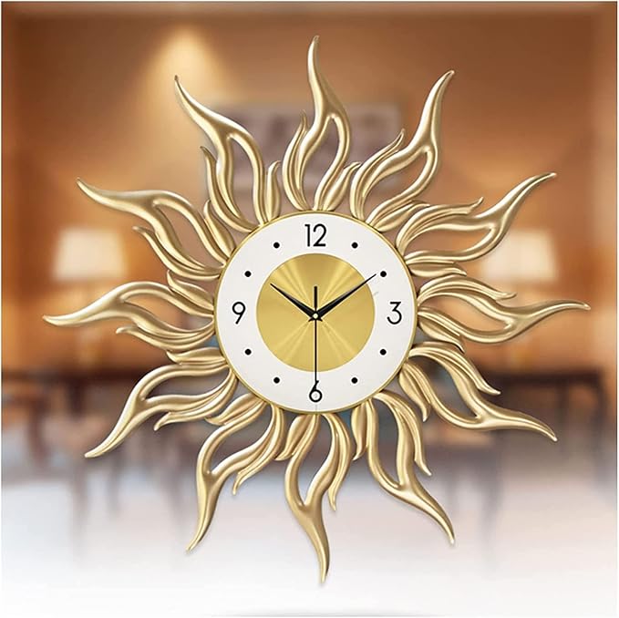 Large Sunburst Wall Clocks for Living Room Fashion Metal 3D Art Flame Design Silent Non Ticking Quartz Clock Creativity Wall Watches Gold 60CM