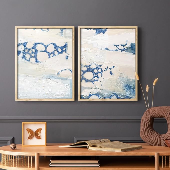 Renditions Gallery Set of 2 Peel & Stick Framed Prints, Textured Abstract Wall Art, Beach Themed Bubble Design Wall Decor, Re-Stickable - Ready to Hang - 22"x28" - NATURAL WOOD Frame LT588