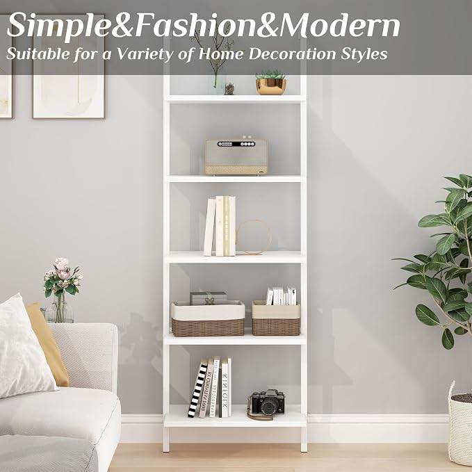 Karl home Ladder Shelf 5 Tier Wall Mounted Bookcase with Metal Frame, Open Design Shelves for Living Room, Bedroom, Home, Office, White (23.62" L x 11.81" W x 70.87" H)
