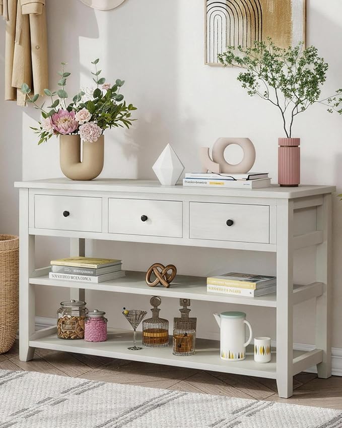 Karl home Console Table Entryway Desk, Sofa Side Table with 3 Drawers 2 Bottom Storage Shelves, Vintage TV Stand for Hallway Living Room Office, Antique White 29.9" H