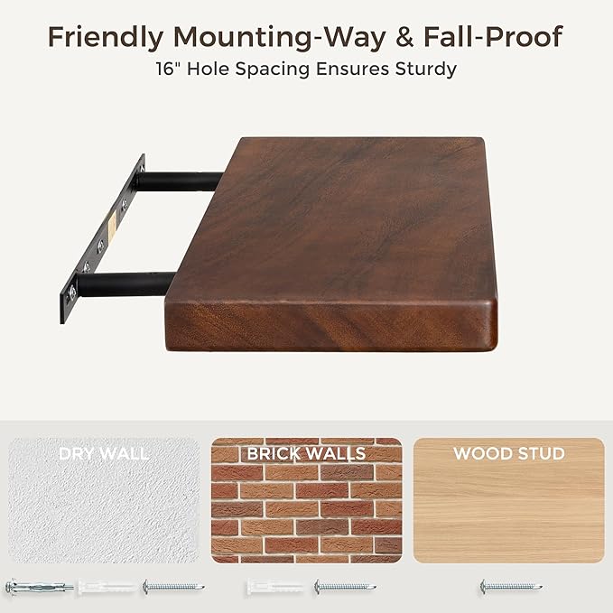 24" Rustic Walnut Wood Floating Shelves, 8 Inch Deep Wall Shelves for Home Decor, Wall Mounted Floating Shelf with Invisible Bracket, Heavy-Duty Storagefor Living Room, Bedroom, Kitchen, Set of 2