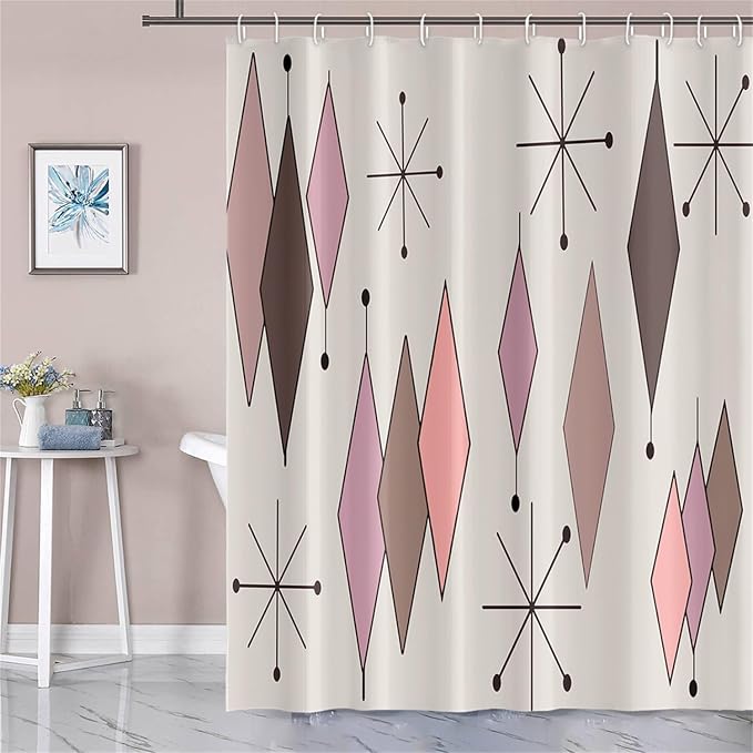 Mid Century Shower Curtain Vintage Abstract Pink Brown Diamond Geometric Atomic Starburst Pattern for 1950s Retro Bathroom Decor Accessories Shower Curtain Set with 12 Hooks, 72x96 Inches