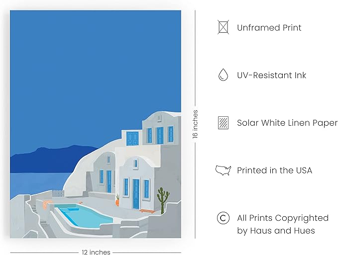 HAUS AND HUES Vintage Travel Posters - Greece Art Prints for Wall Decor, Blue Posters of Travel Themed Photo, Beachy Aesthetic Wall Art Prints, Greece Photo, Mykonos Artwork (12x16, Unframed)
