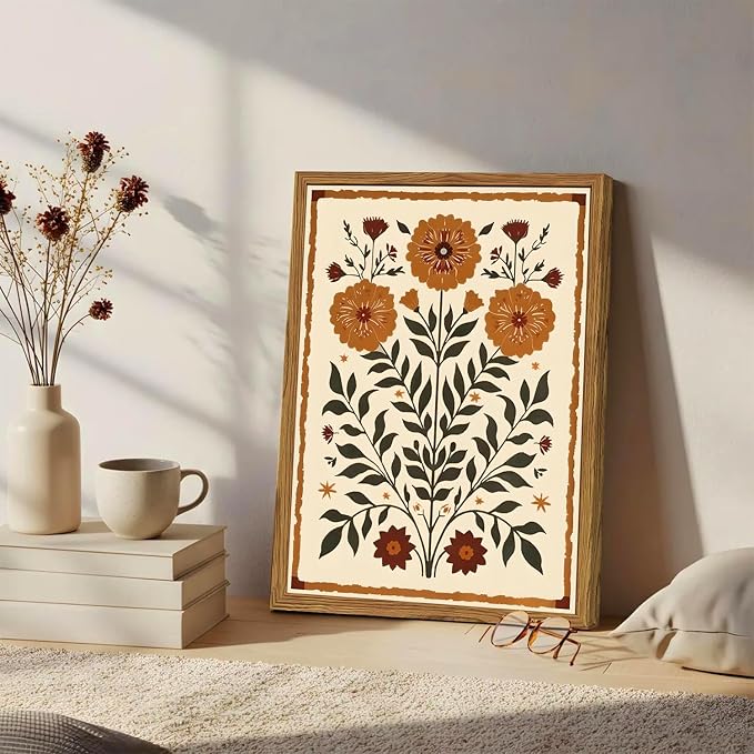 Framed Vintage Mexican Floral Wall Art, Boho Flower Pictures Wall Decor, Folk Marigolds Botanical Paintings Canvas Prints Rustic Home Decor for Living Room Bedroom 12x16 inch