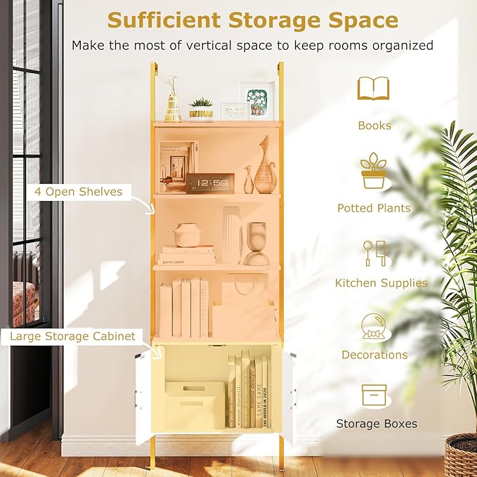 Giantex 5-Tier Wall-Mounted Ladder Shelves Set of 2, 72.5" Tall Bookshelf w/ 2-Door Cabinet, Modern Style Kitchen Open Shelving Organizer, Heavy-Duty Metal Frame Display Rack for Living Room
