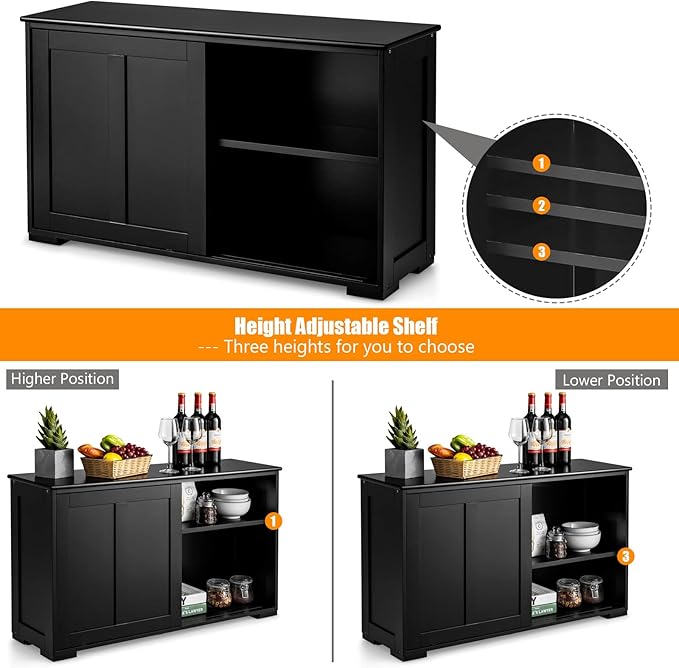 Buffet Cabinet Sideboard, Wood Storage Credenza Cupboard with Adjustable Shelf & 2 Sliding Doors, Stackable Coffee Bar Cabinet Console Table for Dining Room, Living Room, Kitchen (1, Black)