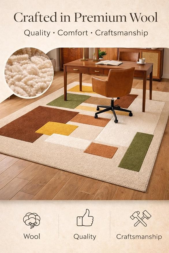 Hand Tufted Wool Geometric Rug-Mid-Century Modern Abstract Geometric Wool Earth Tone Green, Mustard & Terracotta Rug - Handmade Tufted Area Rug for Home Decor (7x10 Square Feet)